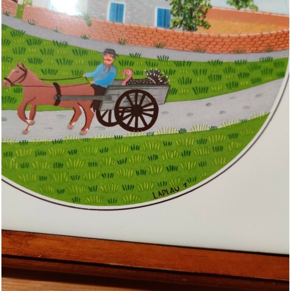 Farmer w/ Turkey in Wagon Design 7"  LAPLAU Ceramic on Wood Trivet Decor Plate - Picture 4 of 6